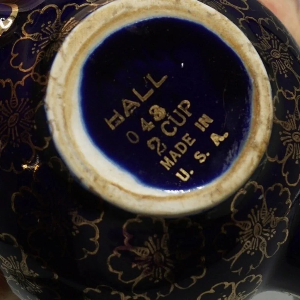 Vintage Hall China Cobalt Blue Gold Floral 2 Cup Teapot Shape 048 USA MCM